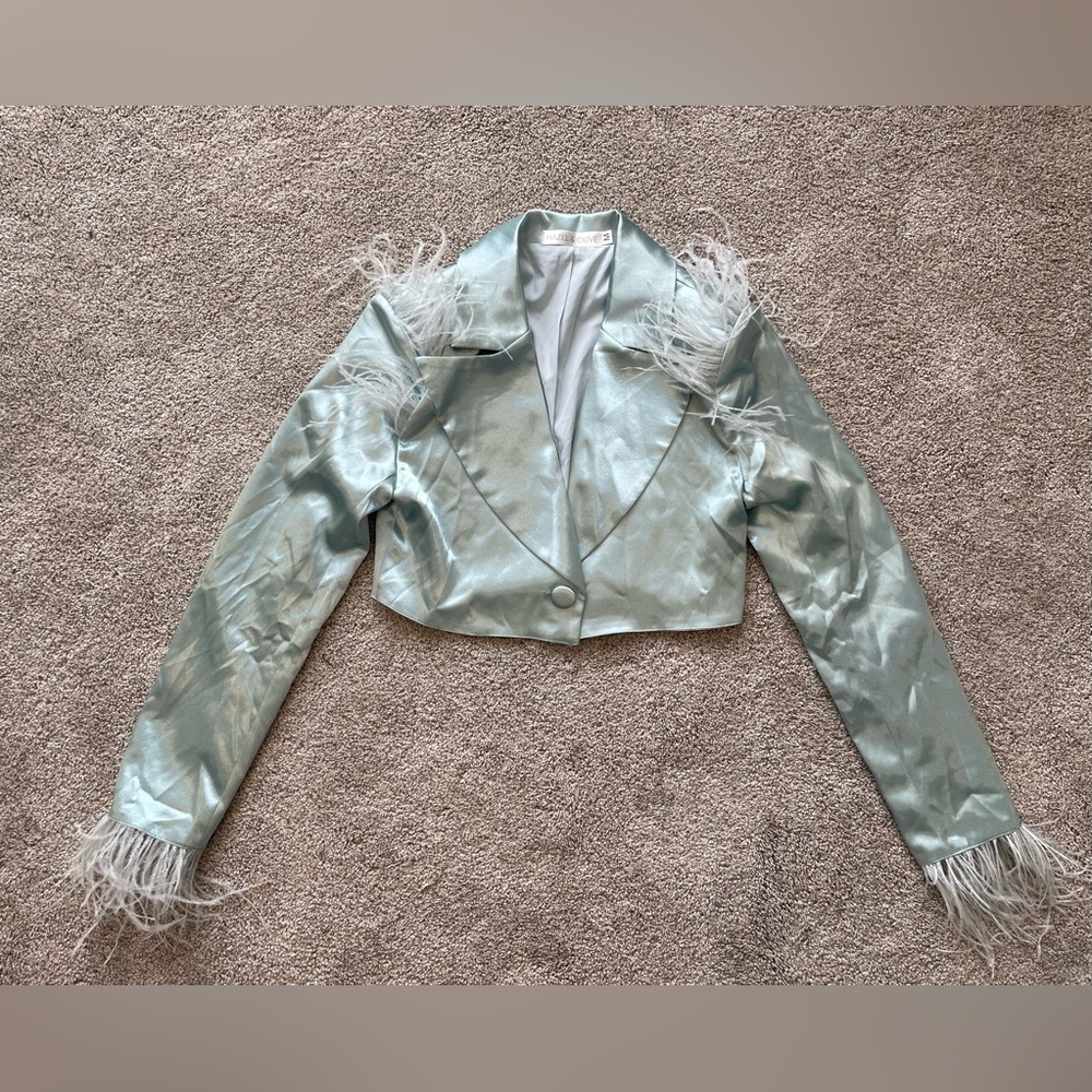 Womens Light Blue Cropped Feather Jacket- Size Medium
